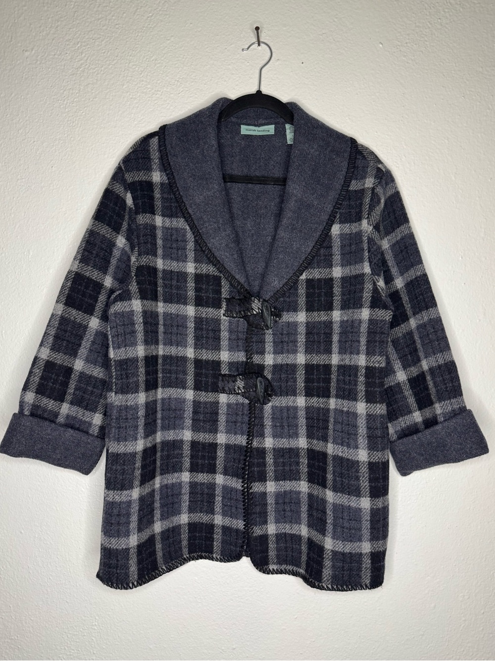 Marsh Landing Petites Gray Plaid Boiled Wool Toggle Shaw Collar Coat Jacket Sz S